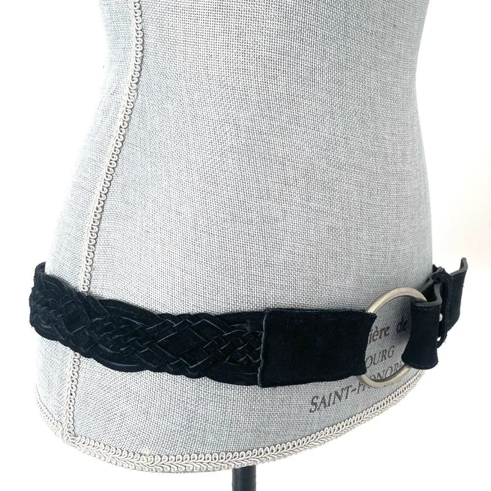 Elegant Black Suede Leather Woven Belt with Silver Buckle Sz L 40” W Boho Chic